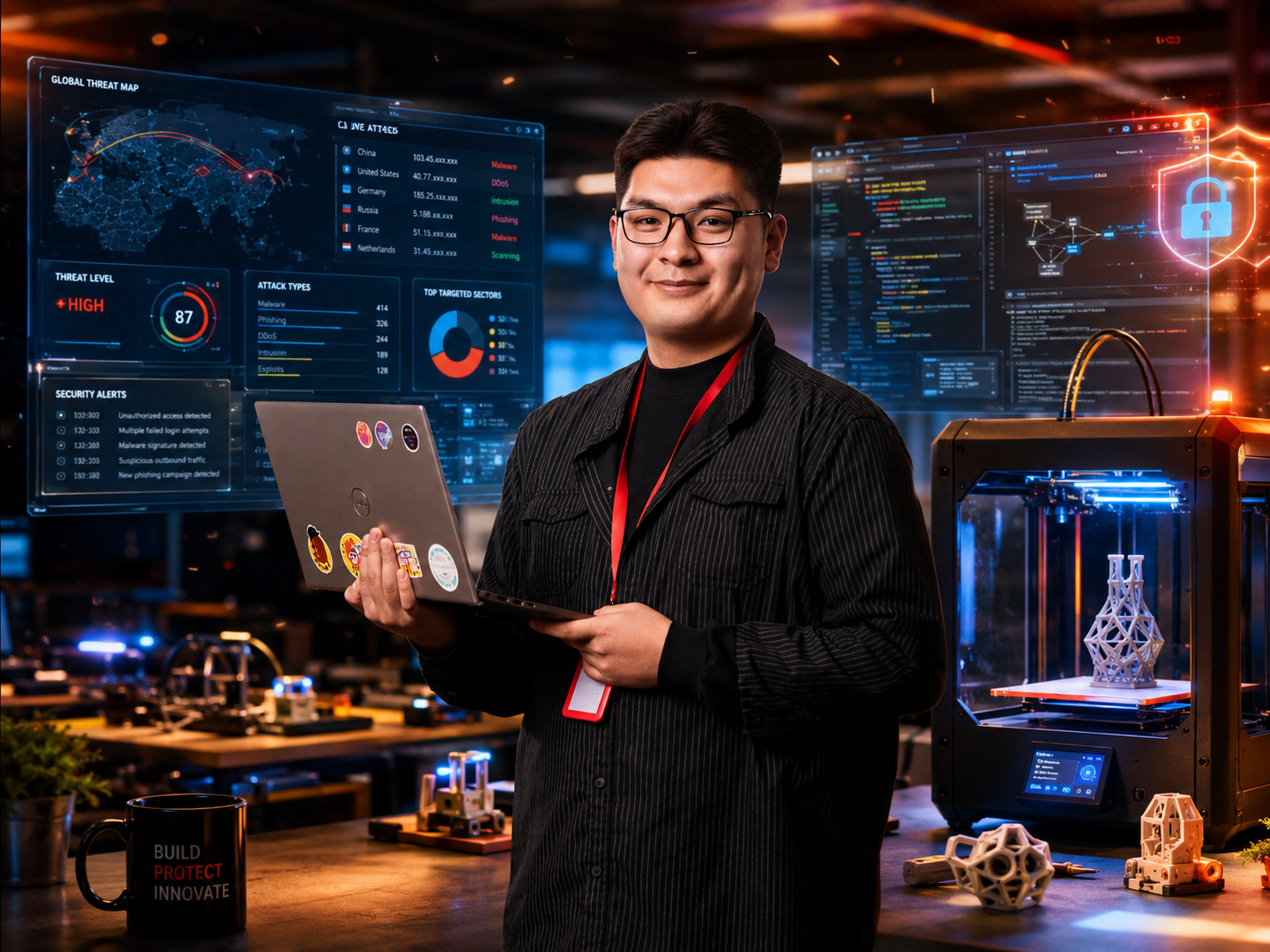 Professional in a high-tech workspace with cybersecurity dashboards and 3D-printing equipment